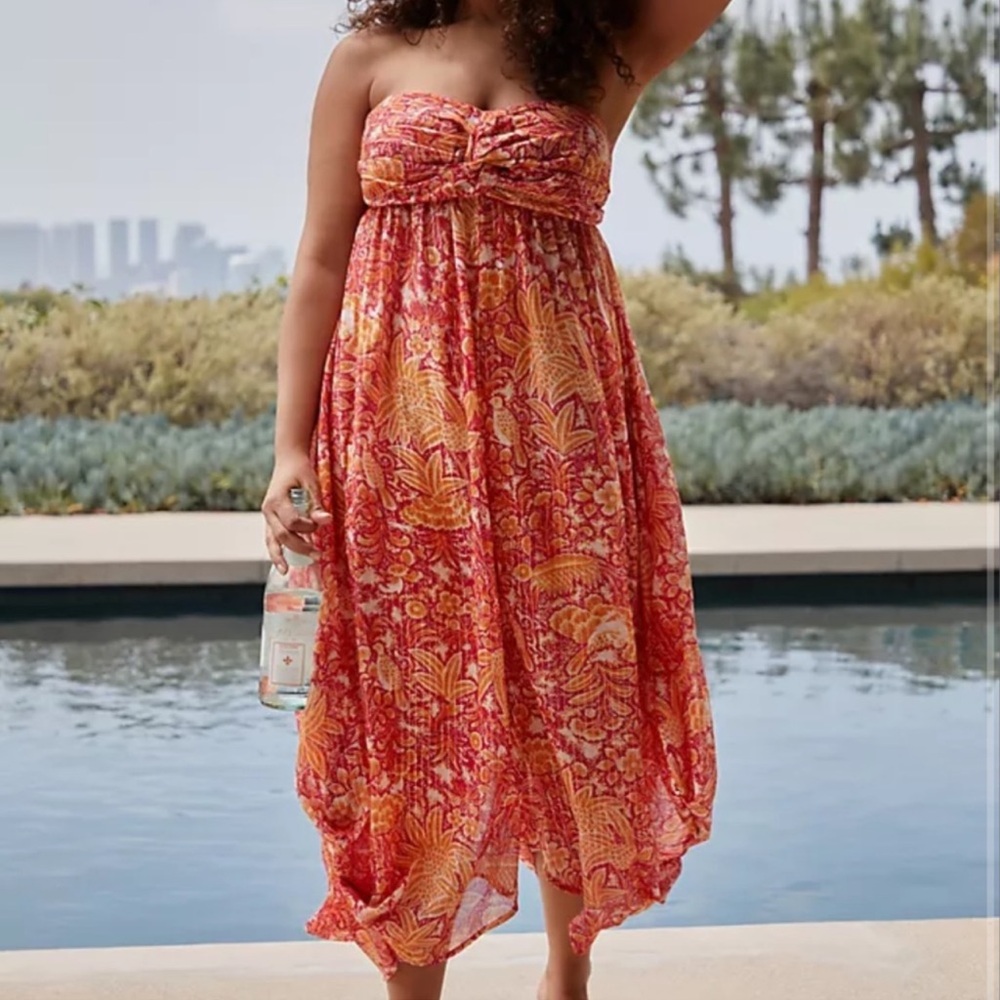 Anthropologie Floral Strapless Jumpsuit in Red and Orange